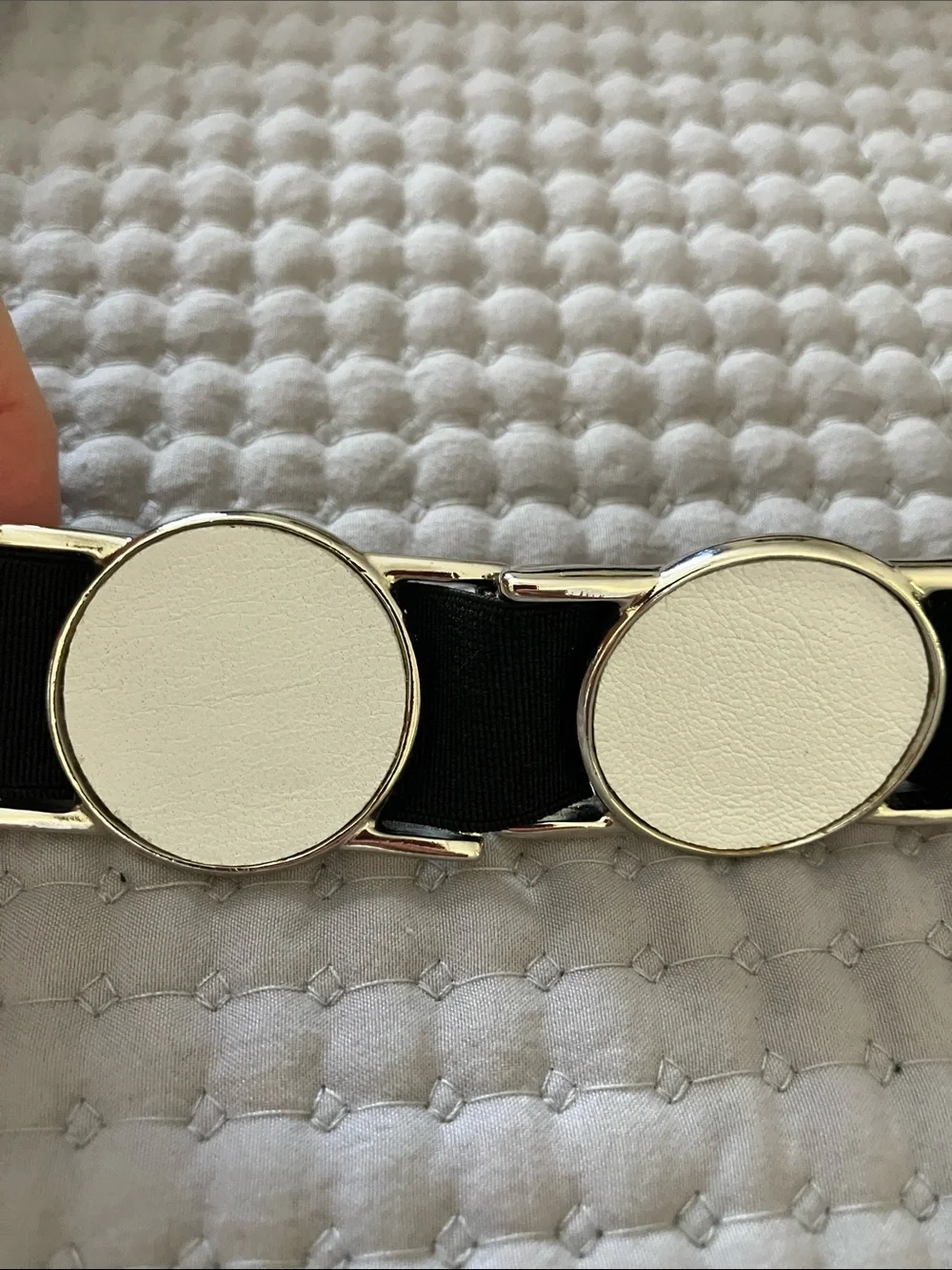 Suzi Roher Black Stretch Belt with Silver-Trimmed White Discs